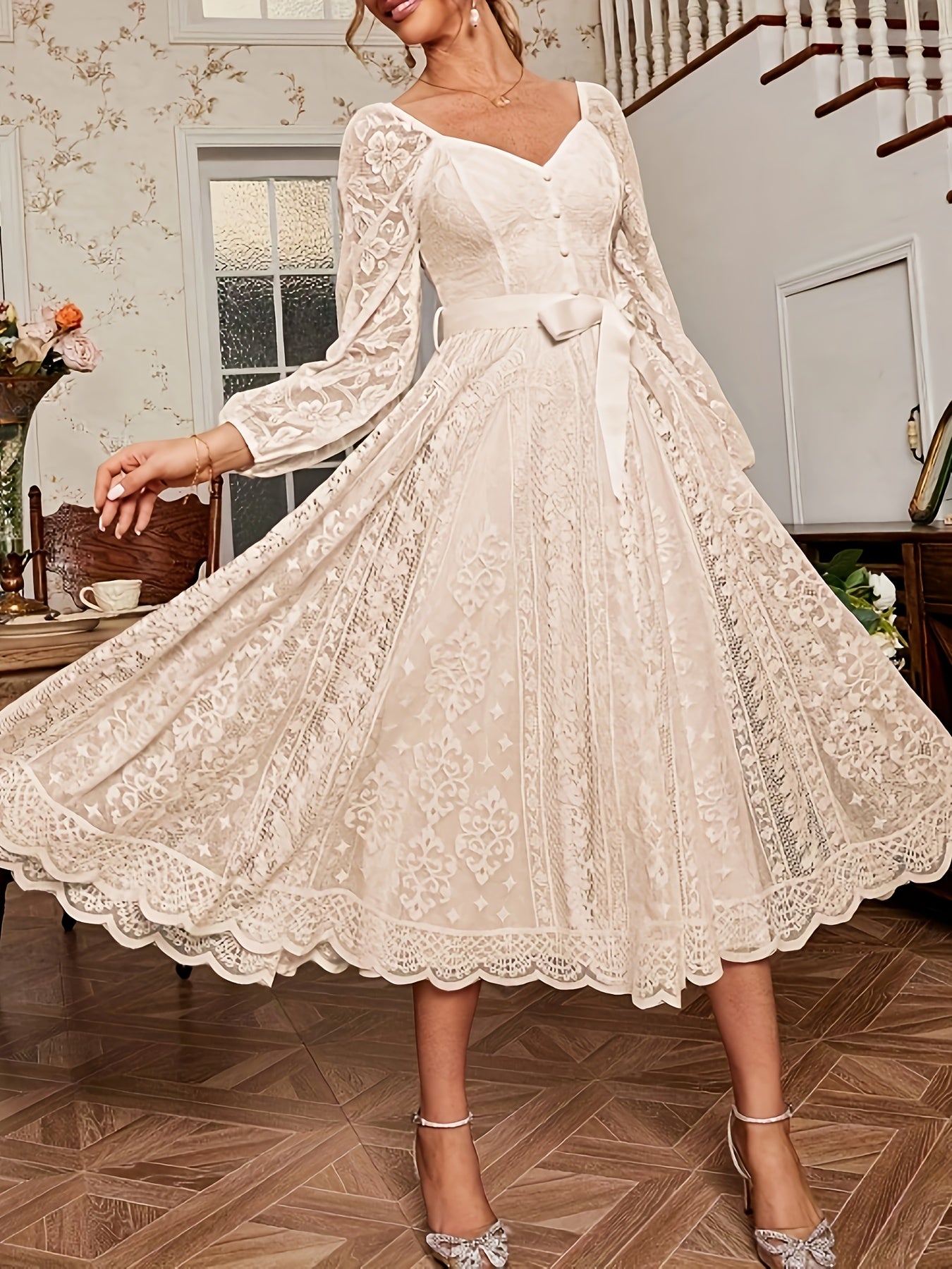 [Elegant Dress] Elegant Lace Sleeve Belted Dress | Women's Fitted Solid Color Machine Washable All-Season Versatile for Casual & Formal Occasions, Wedding Guest Attire, Sophisticated Detailing