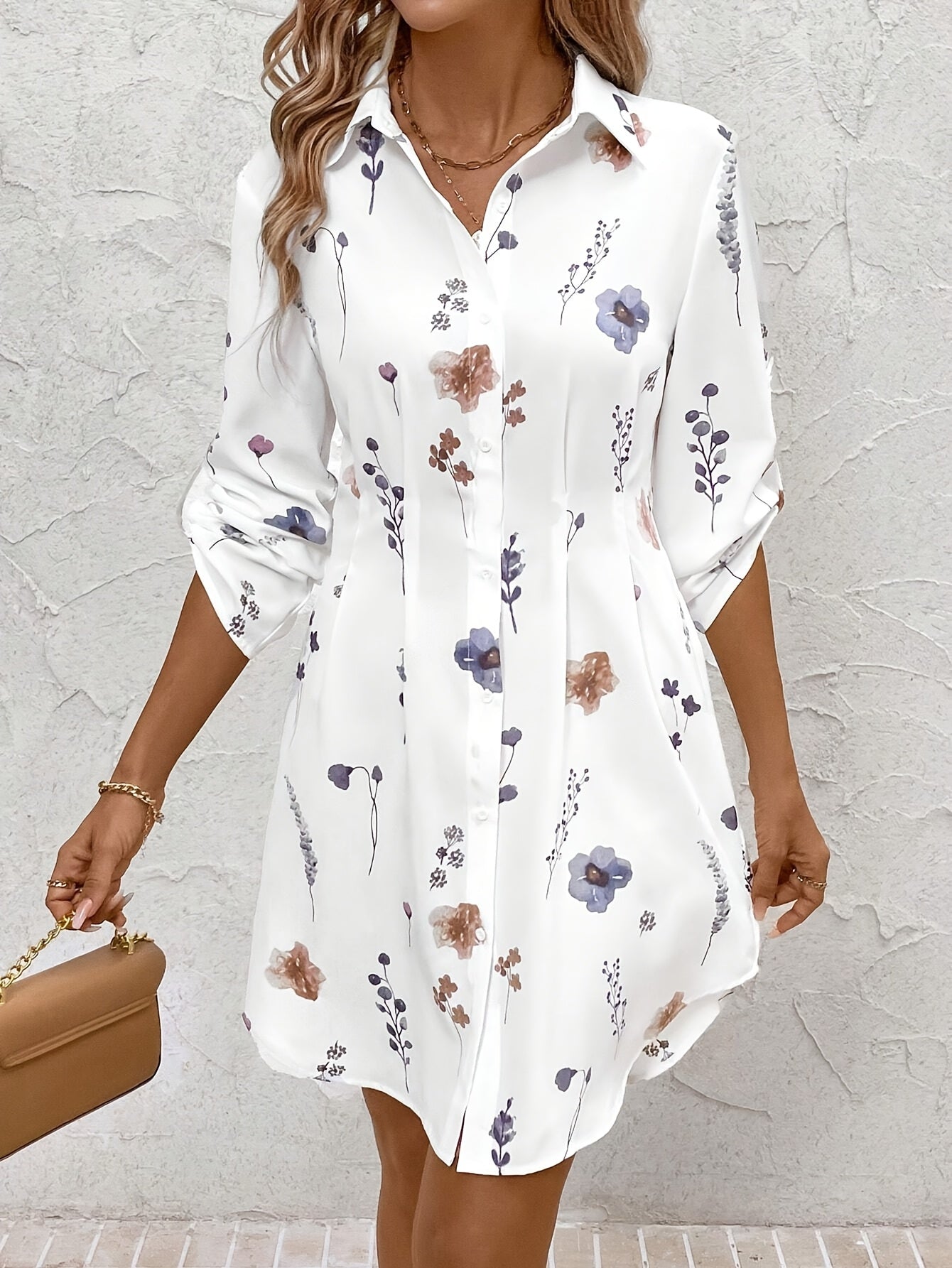 [Elegant Floral Dress] Lightweight Polyester Elegant Floral Print Blouse Dress for Women | Long Sleeve, Button-Up, Perfect for Spring & Fall, Casual to Formal Wear