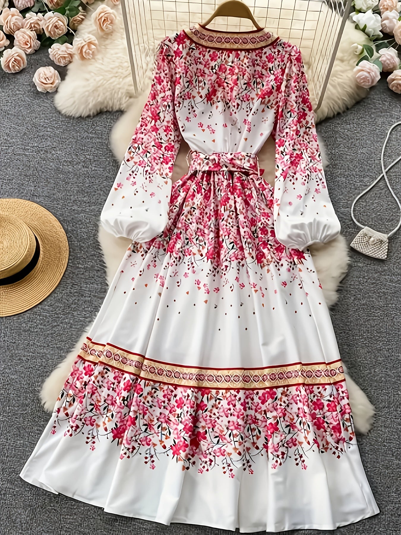Sweet Style Floral Dress Fashionable Lantern Sleeves Bow Tie