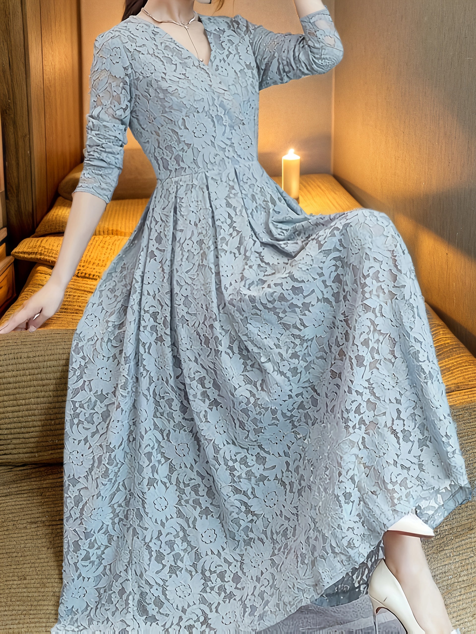 Women's Elegant Lace Panel V-Neck Dress with Zipper Back, Slim-Fit Bodice & Flowy Skirt - Machine Washable Solid Color All-Season Versatile for Casual to Formal Occasions, Occasion Wear, Easycare Material