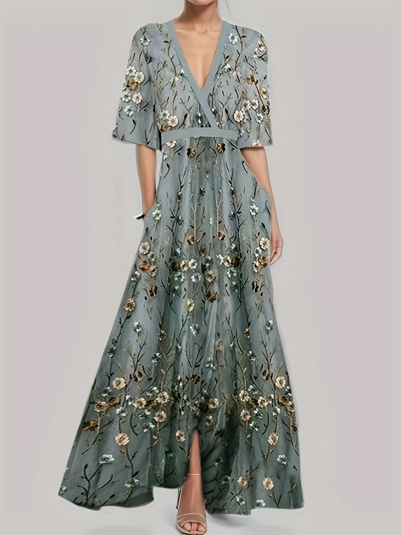 Women's Elegant Floral print V-Neck Maxi Dress - Flowy A-Line Formal & Casual gown in Green/White, Machine Washable for Wedding, Party, Everyday Outfits - European & American Fashion Inspired