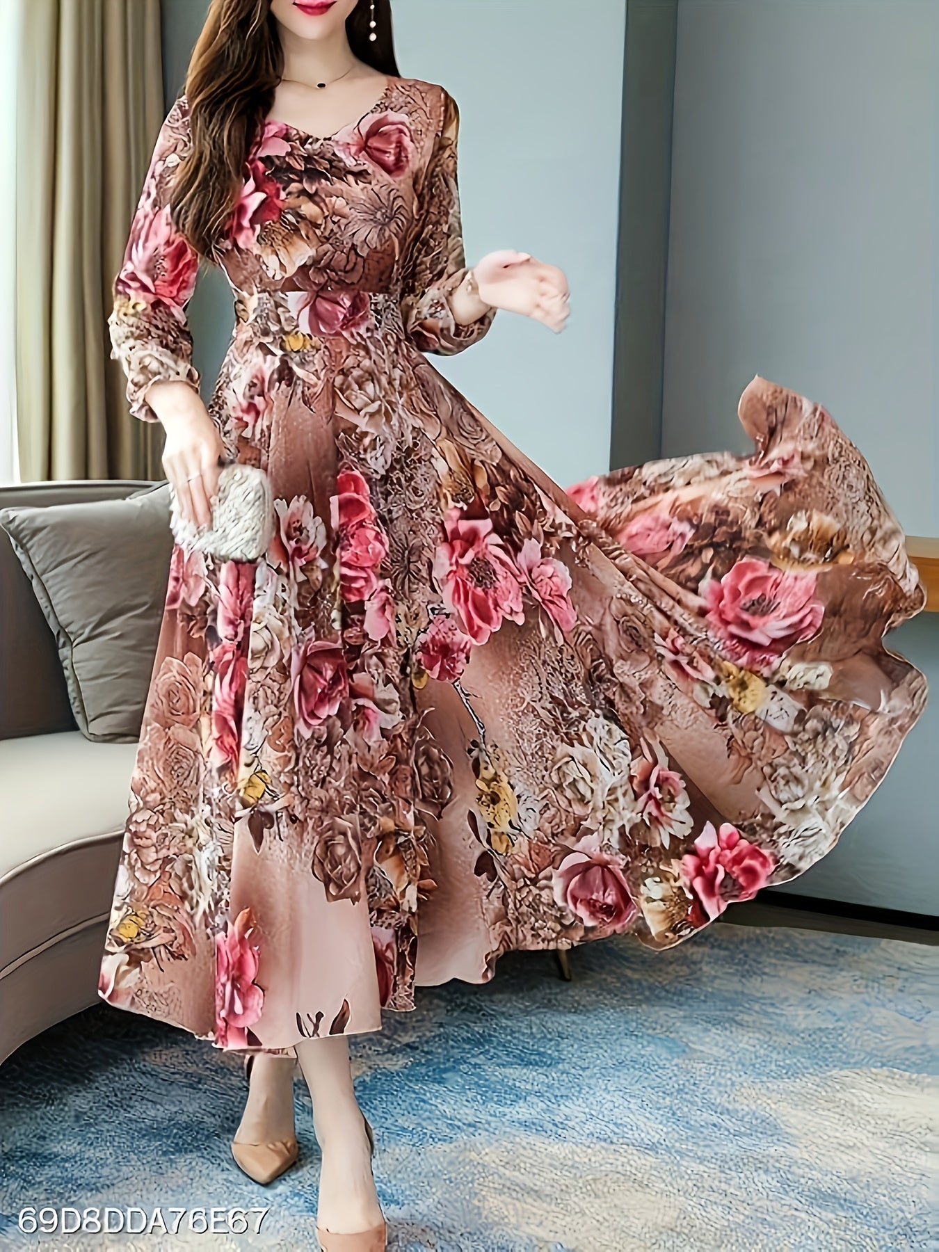 [Floral V-Neck Dress] Floral Print V-Neck A-Line Dress | Elastic Waist & Zipper Back, Machine Washable, All-Season Casual to Formal Wear