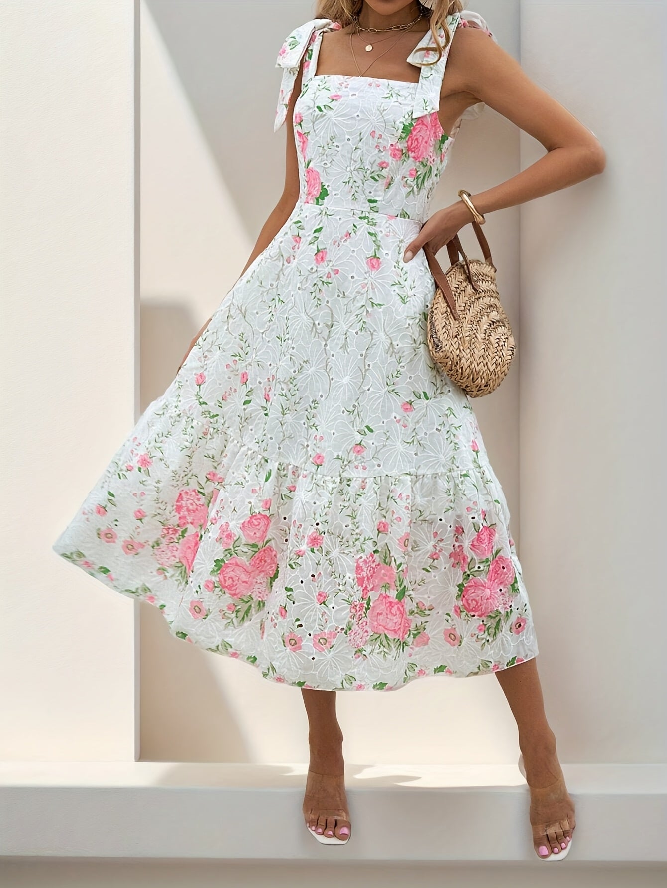 [Elegant Maxi Dress] Lightweight Polyester Elegant Floral Print Sleeveless Maxi Dress for Women | Vacation Style with Delicate Lace Detailing, Perfect for Spring/Summer