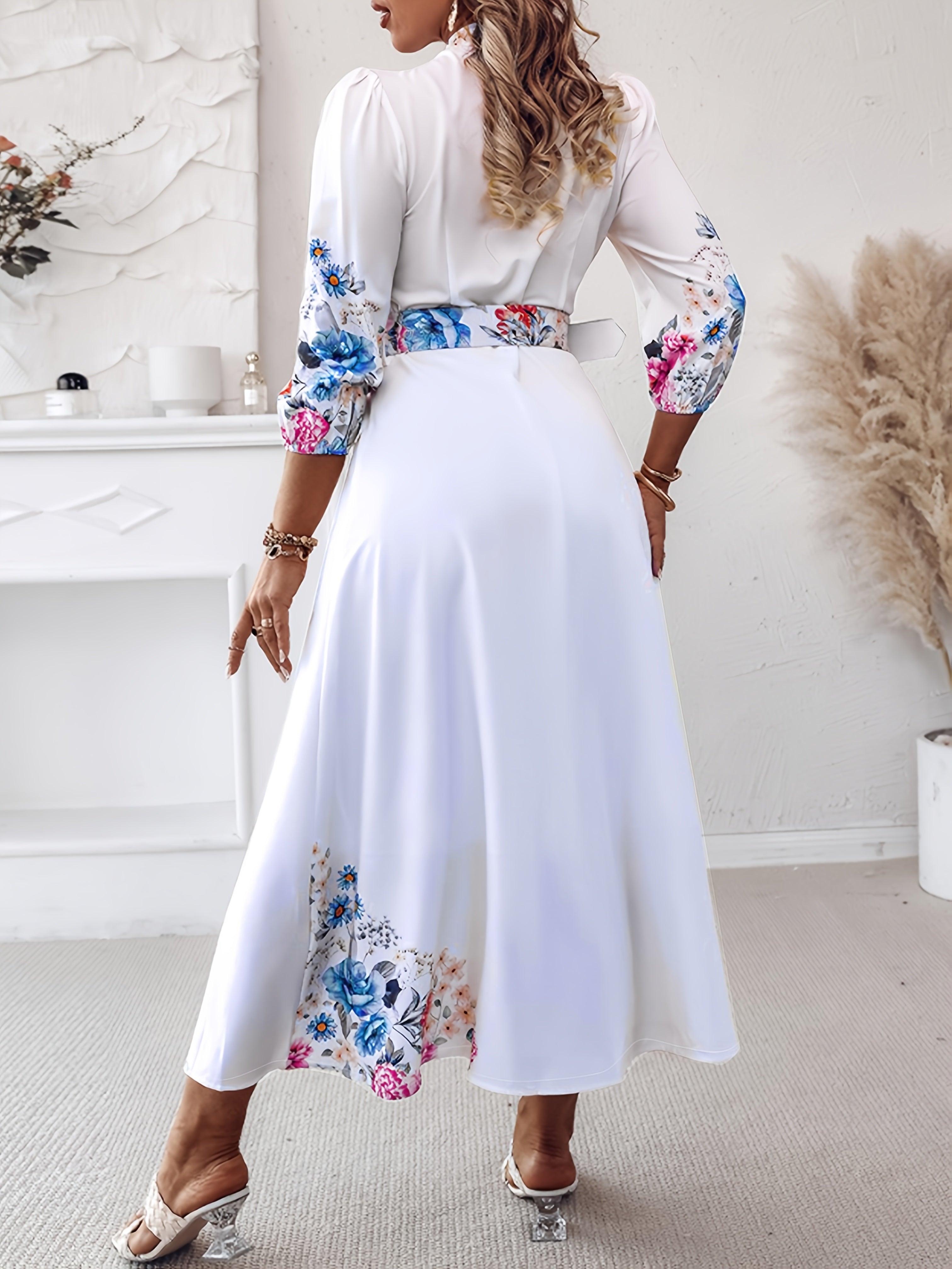 Women's Floral Print maxi Dress - Elegant Long Formal & Casual Dresses with Floral Belt, Flared Skirt, Non-Stretchy Fabric, Machine Washable Women's Clothing for Parties, Office, Everyday Outfits, Cute Dresses, Party Attire, Fitted Design